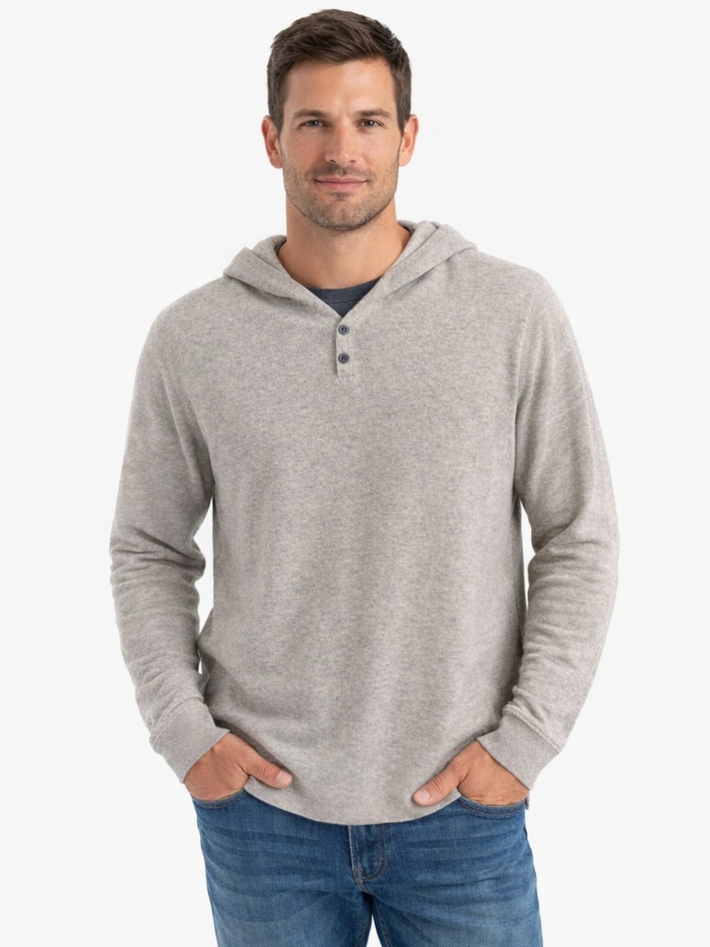 Johnnie-O Dearborn 100% Cashmere Light Gray Preppy Henley Hooded‎ Sweater